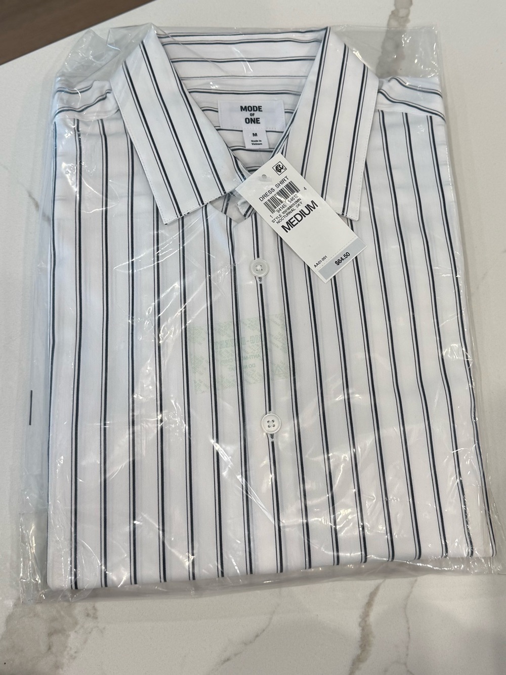 Men's White Dress Shirt with Black Stripes - Medium